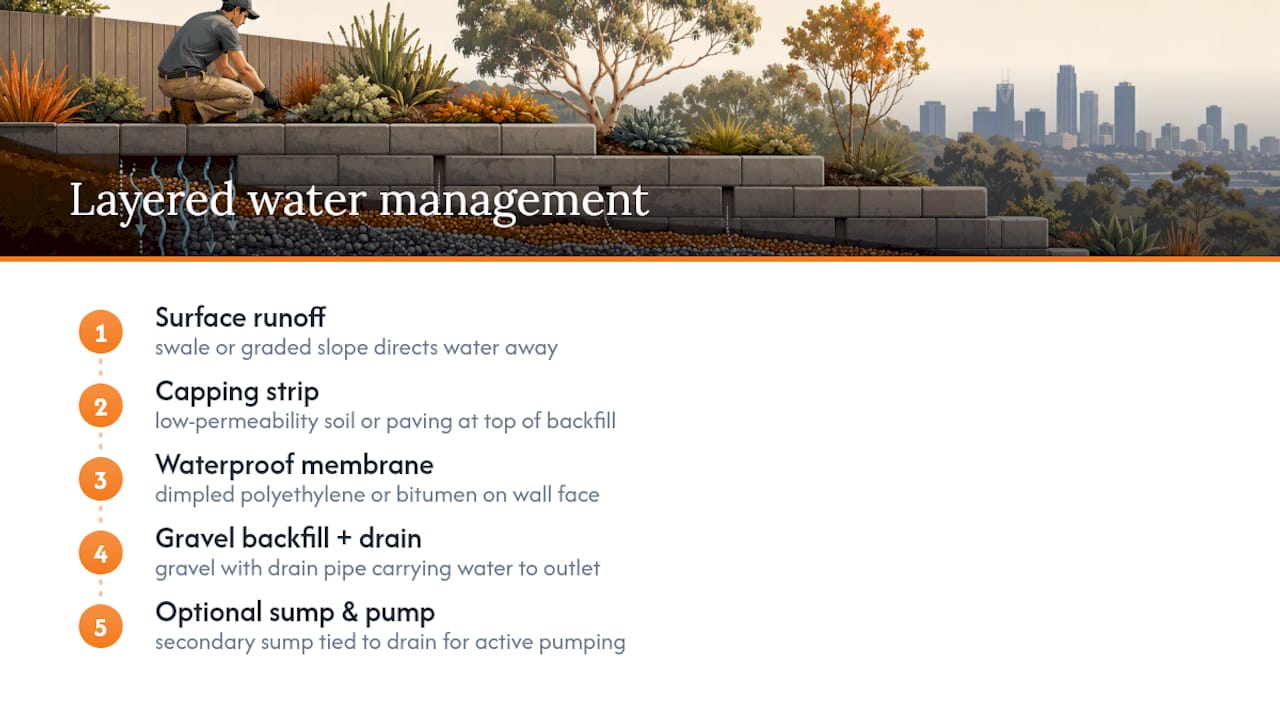 Surface and subsurface retaining wall drainage