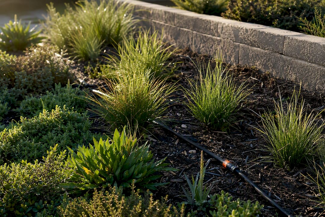 Drip irrigation among drought-tolerant wall planting
