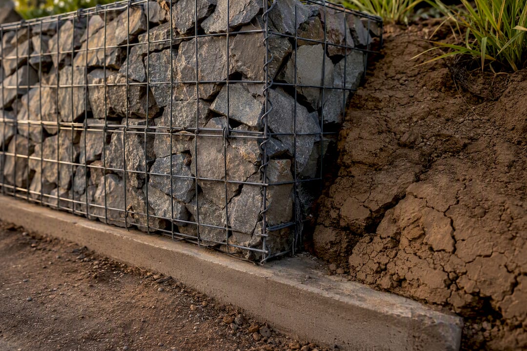 Gabion rock cage beside reactive Melbourne clay