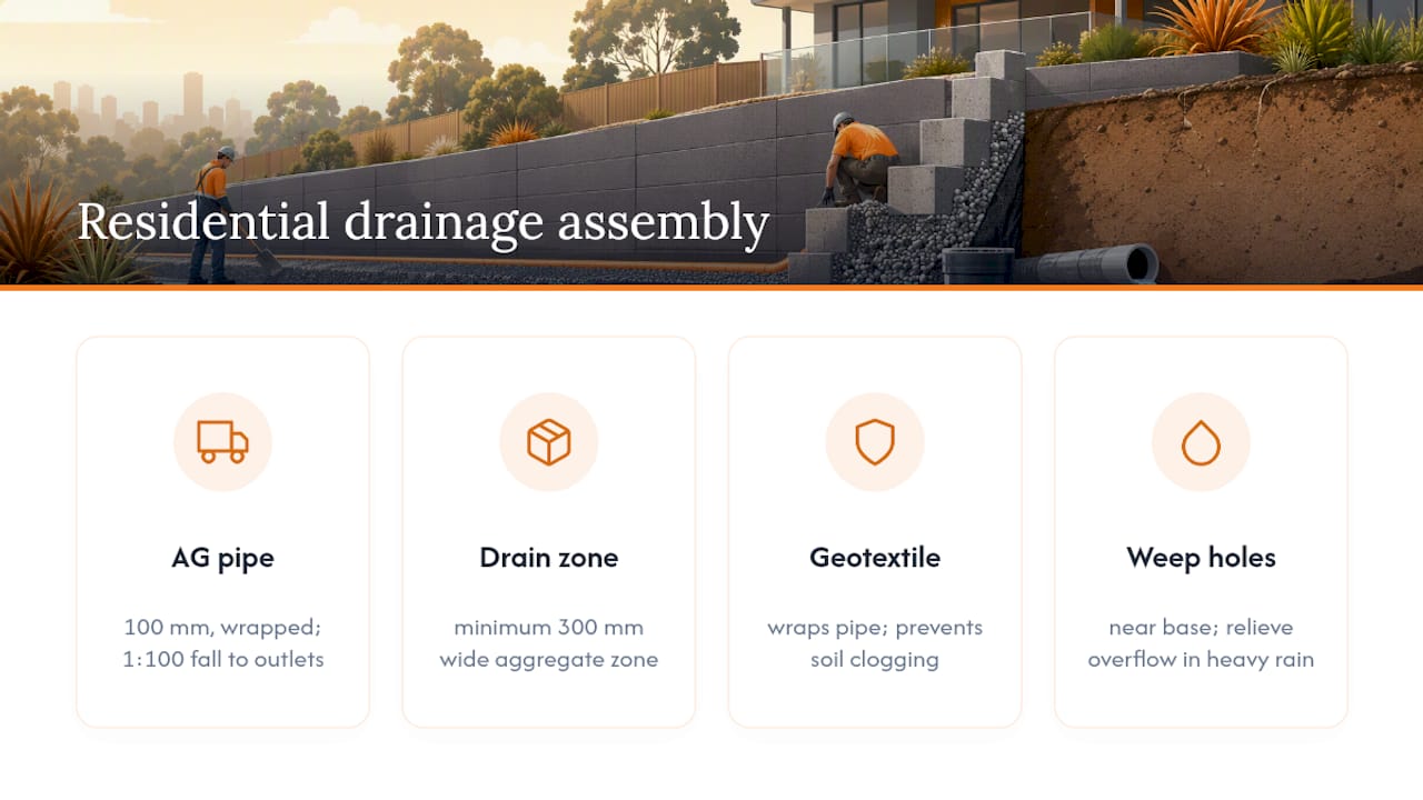 Retaining wall drainage components and pipe fall