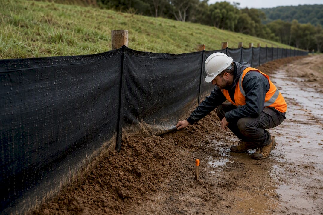 Silt fence holding sediment along construction site