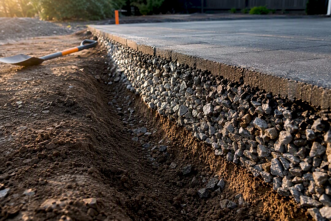 Crushed rock shoulder extending beyond paved edge