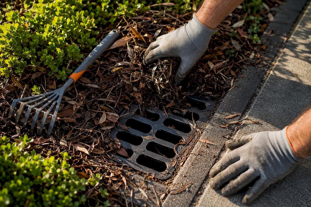 Worker clearing debris from stormwater grate