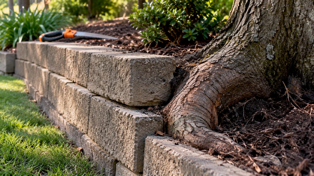 Tree root pushing retaining wall blocks