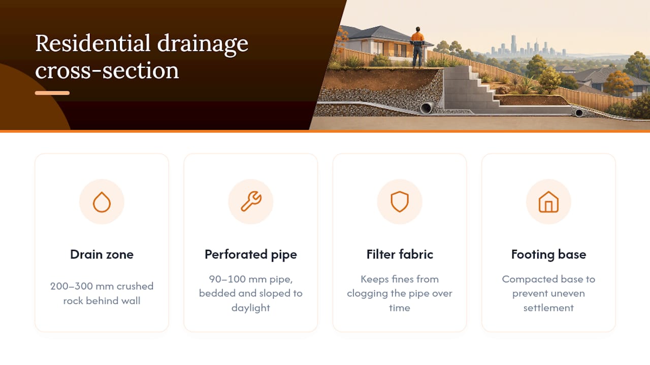 Retaining wall drainage cross-section