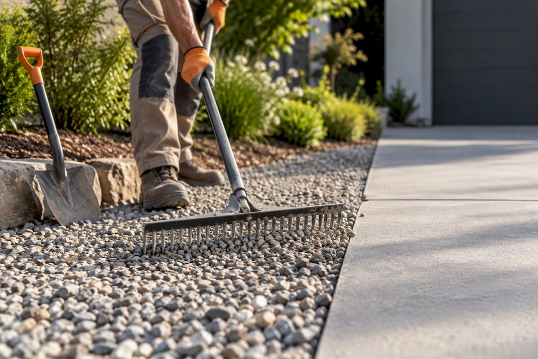 Homeowner spreading delivered gravel with rake