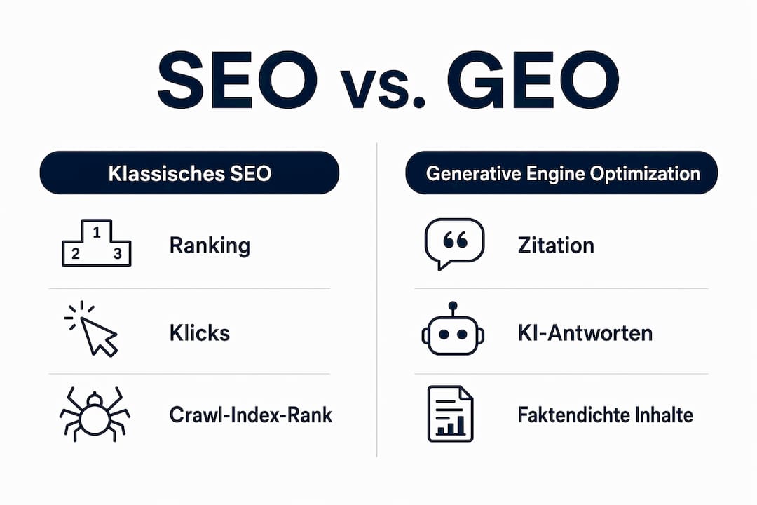 Die Infografik zeigt auf einen Blick die Unterschiede zwischen traditioneller SEO und der Optimierung für generative Suchmaschinen.