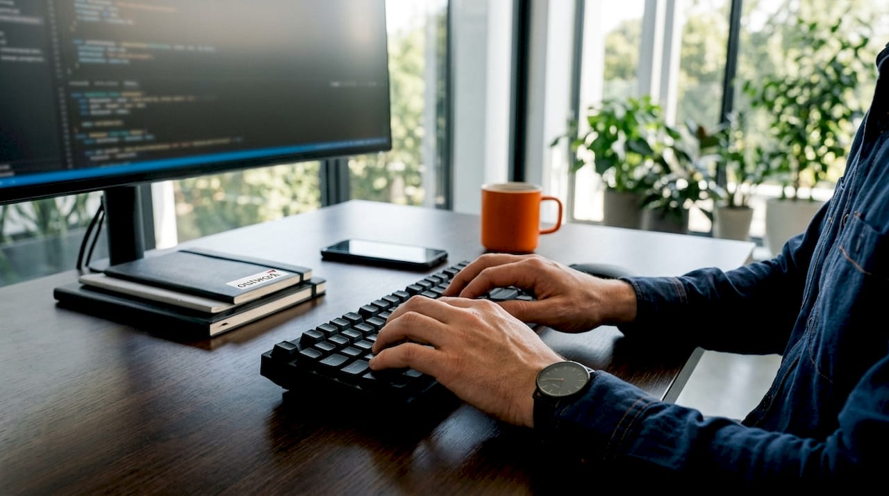 Detailaufnahme: Hände tippen Programmiercode für ETL-Prozesse in die Tastatur.