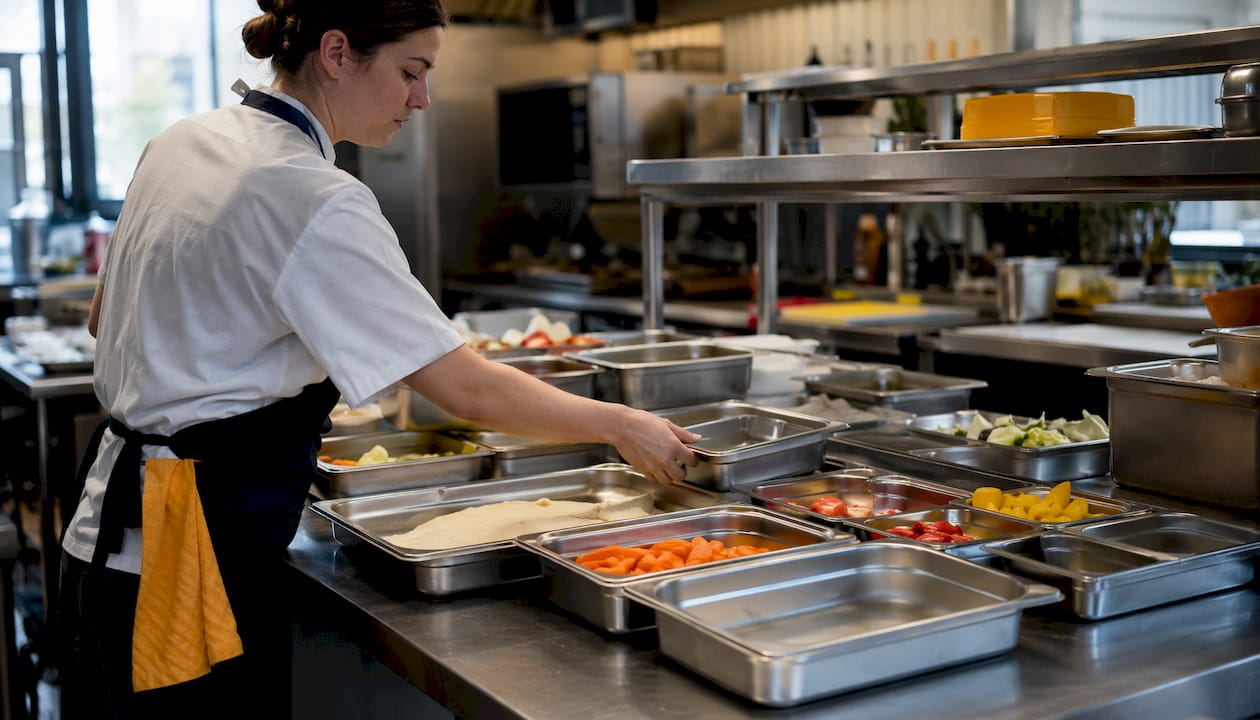 Overhead view of various gastronorm pans arranged on table