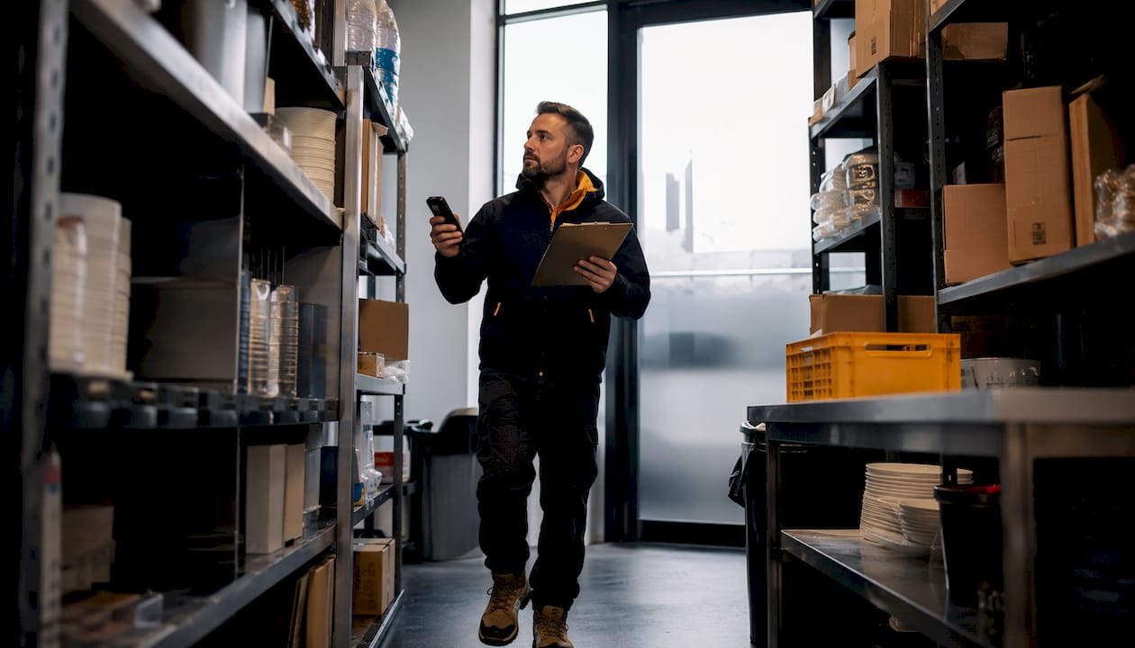 Delivery worker measuring kitchen access route