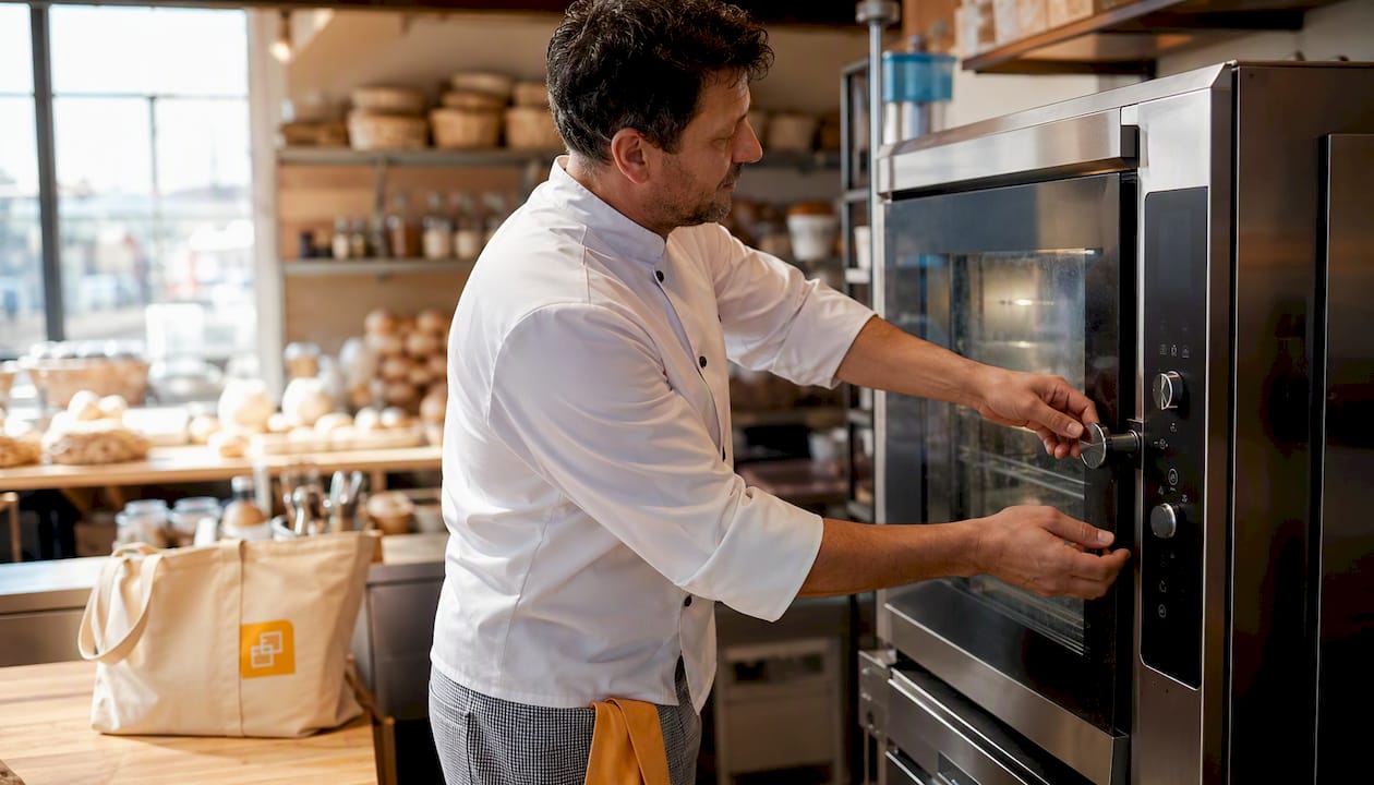 Hands adjusting combi oven controls in bakery kitchen