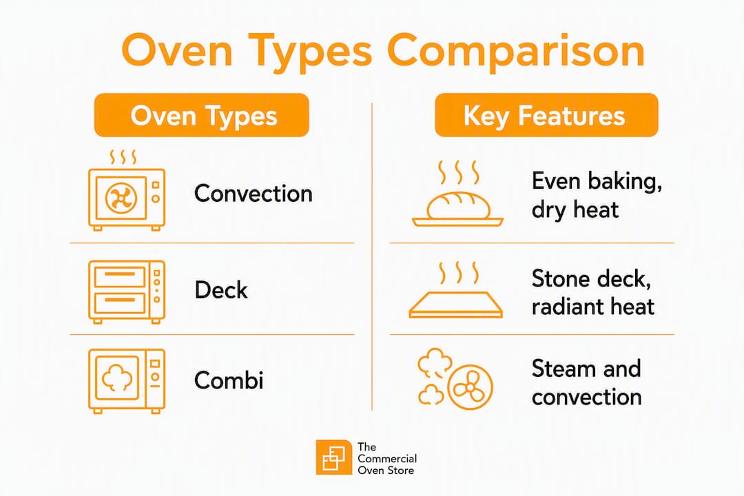 Comparison infographic of bakery oven types and features