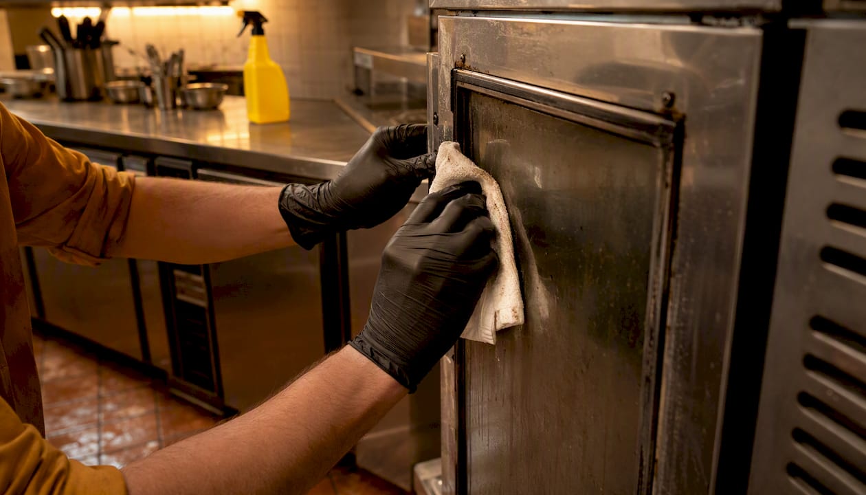 Gloved hands cleaning grease from oven door seal