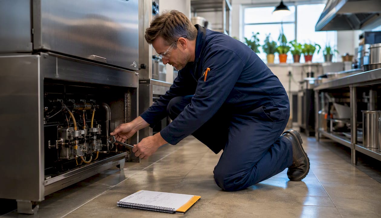 Engineer inspecting commercial oven burner assembly