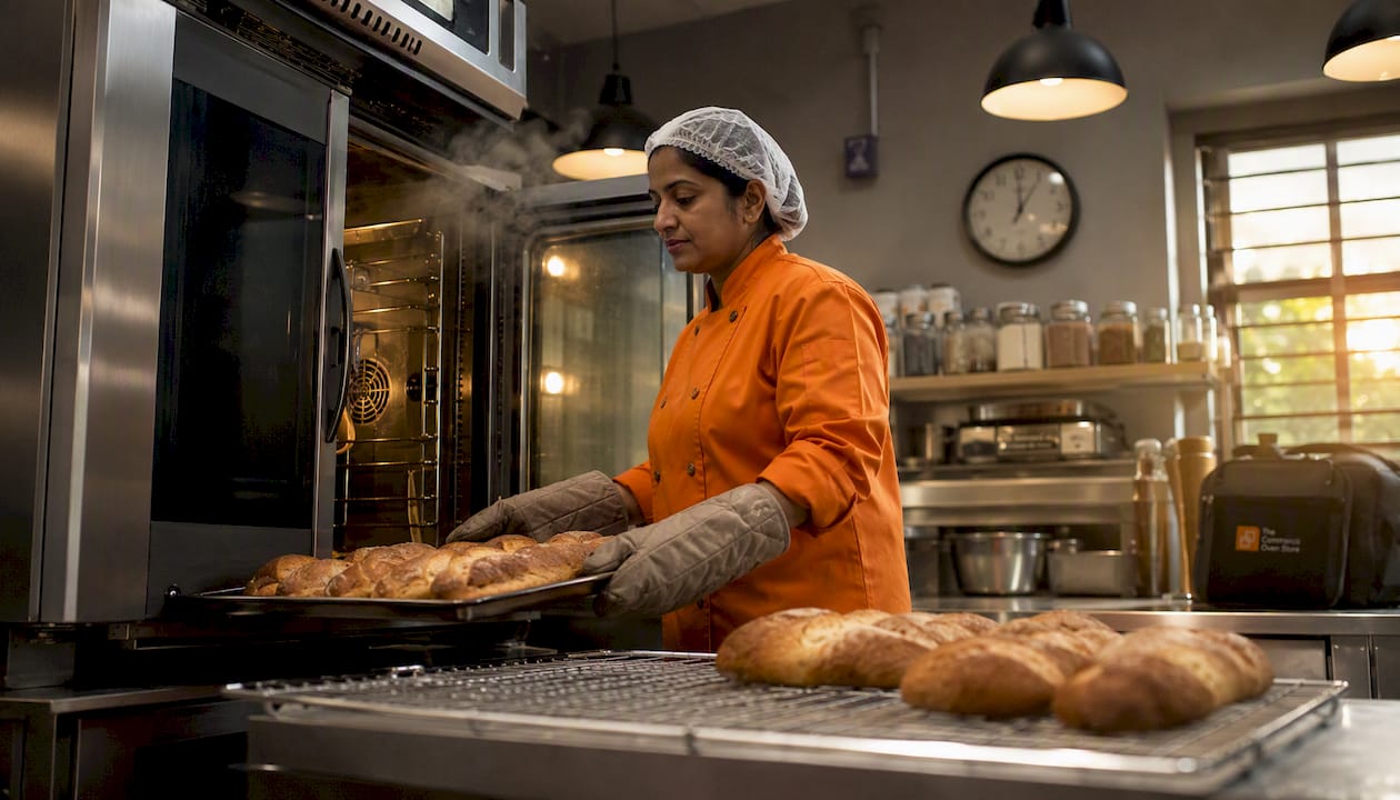 Worker removing bread from combi convection oven