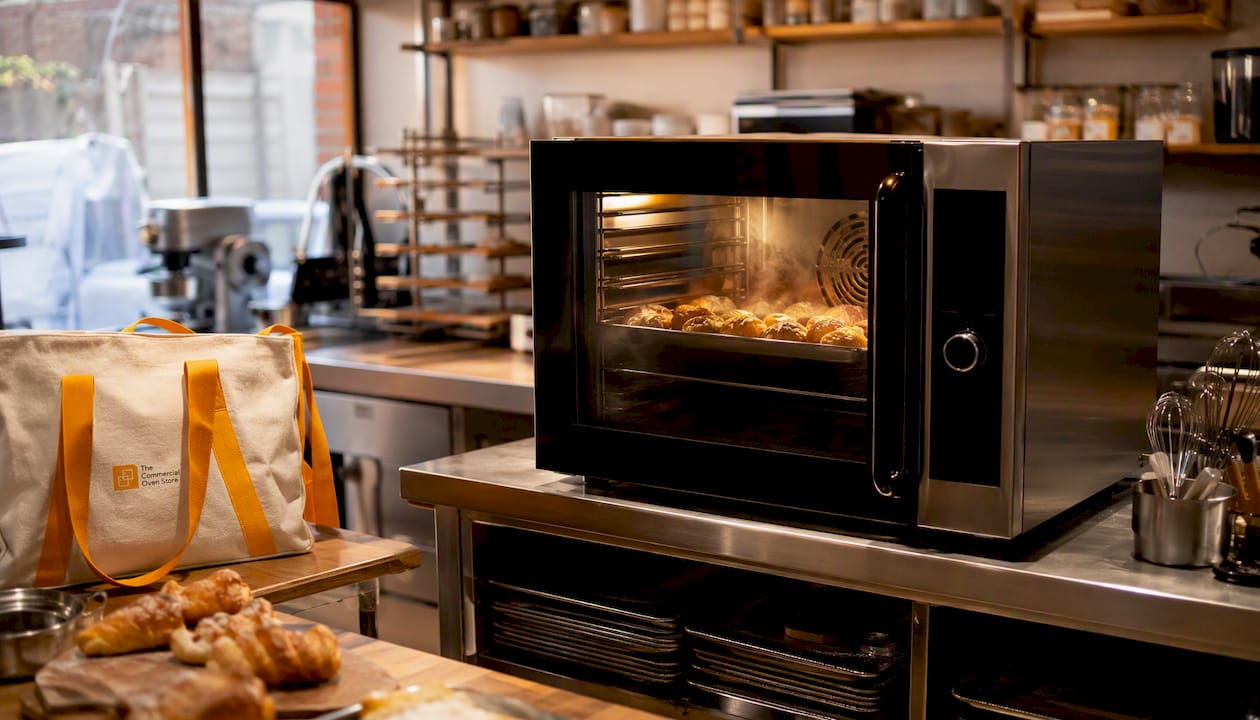 Close-up of pastries baking in speed oven
