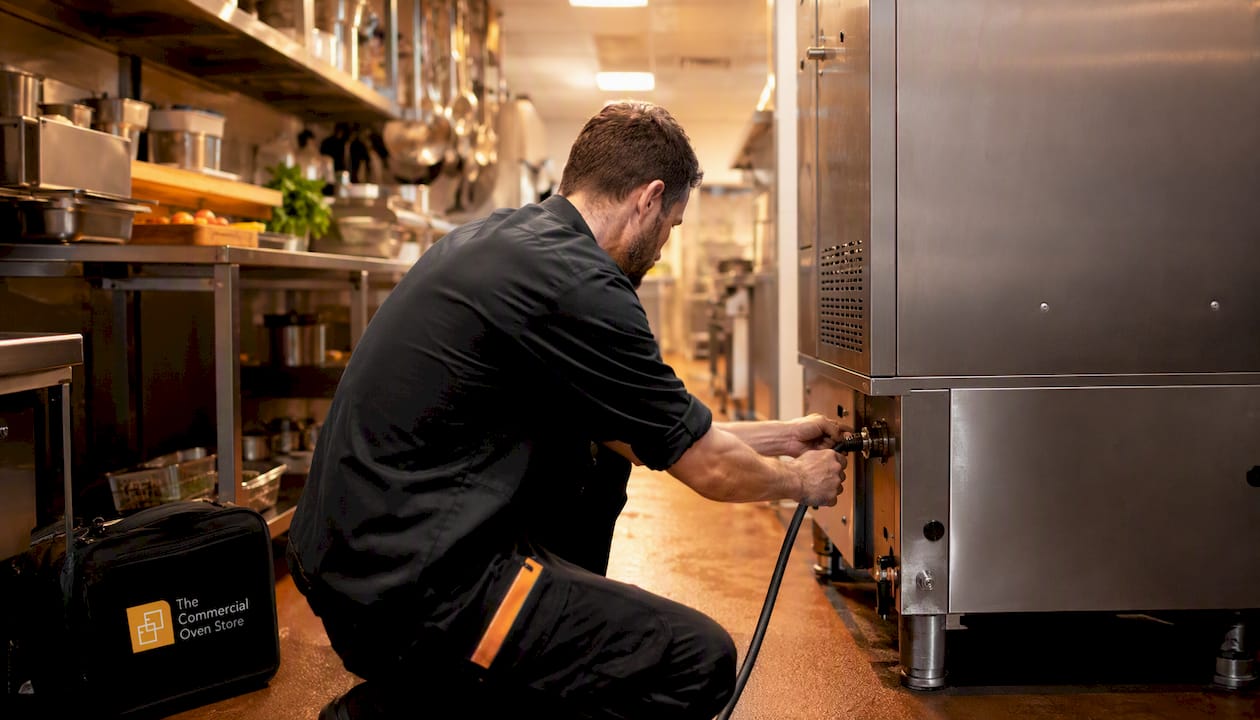 Technician connecting oven power cable