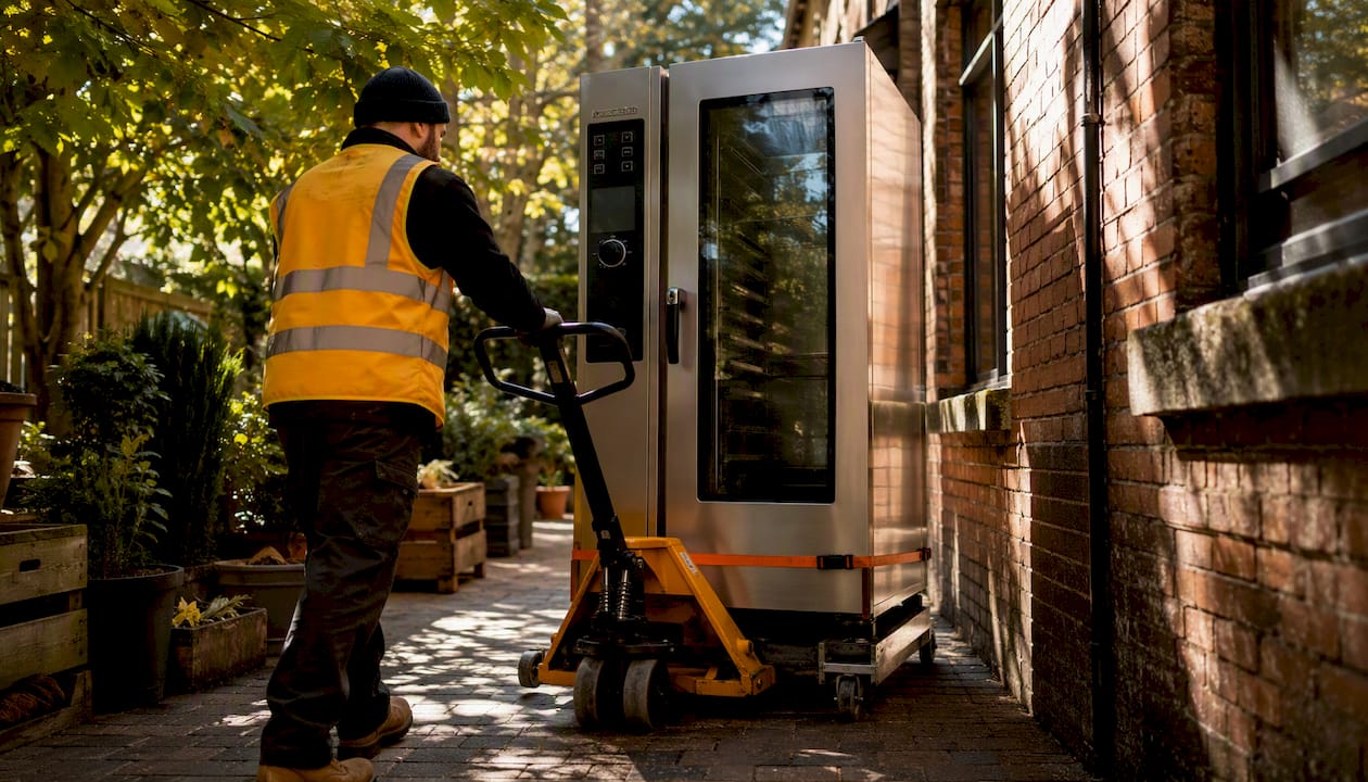 Worker moving oven through narrow corridor