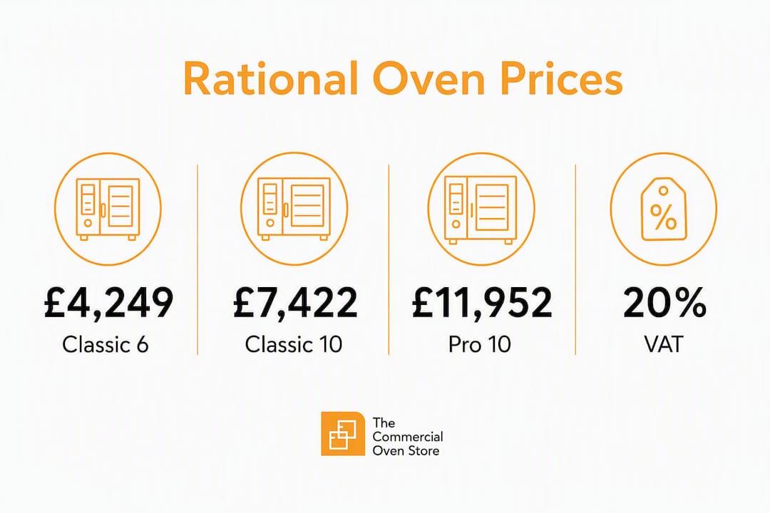 Infographic showing Rational oven price statistics including models and VAT