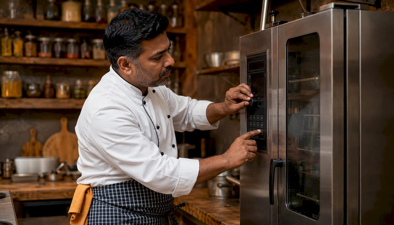 Chef adjusting combi oven controls in kitchen