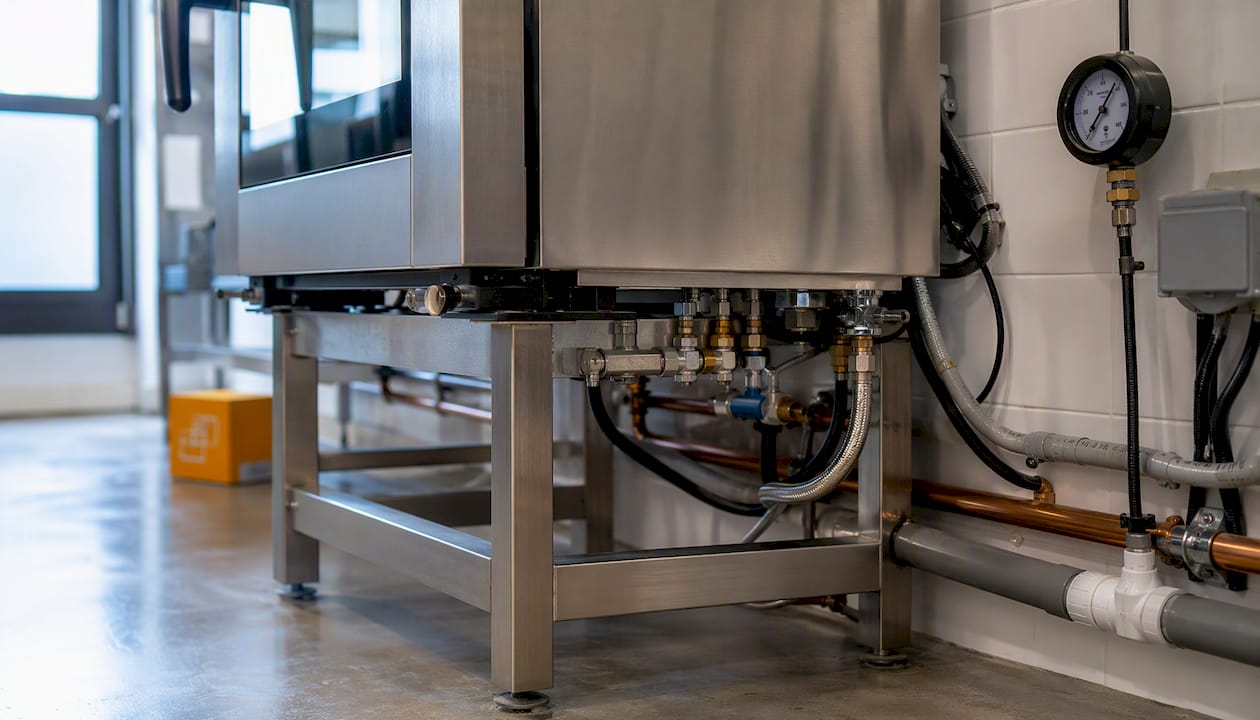 Plumbing connections under single-phase combi oven
