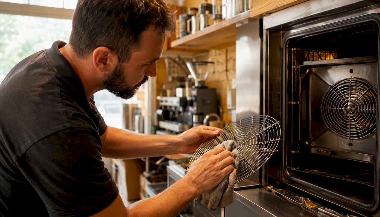 Technician cleaning grease from oven fan guard