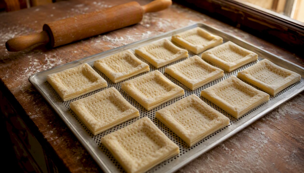 Docked puff pastry on perforated tray ready for baking