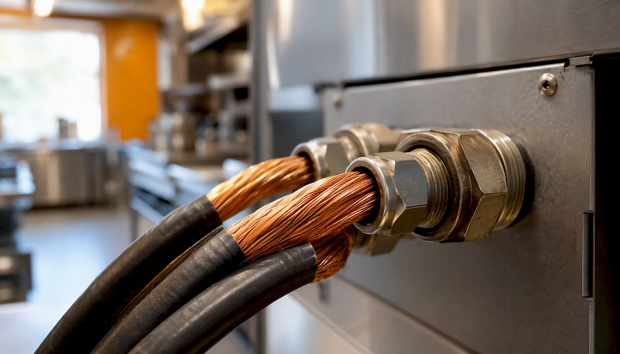 Close-up of commercial oven power cables