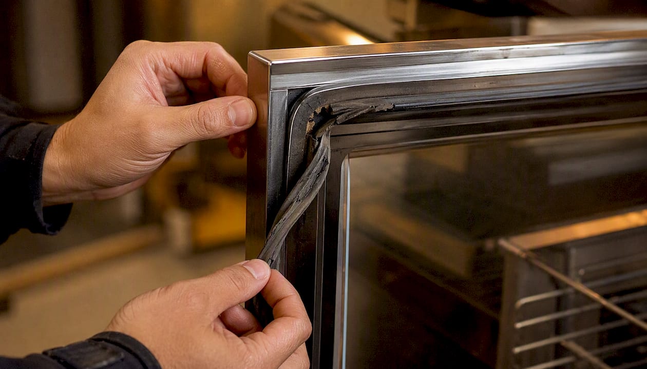 Technician checking oven door seal wearable damage