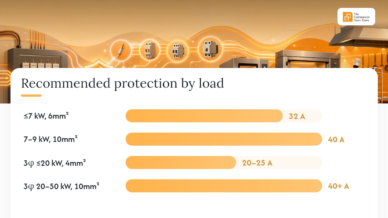 Diagram of cable sizes and protective devices for commercial ovens