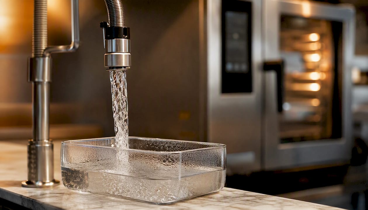 Softened water pouring in commercial kitchen