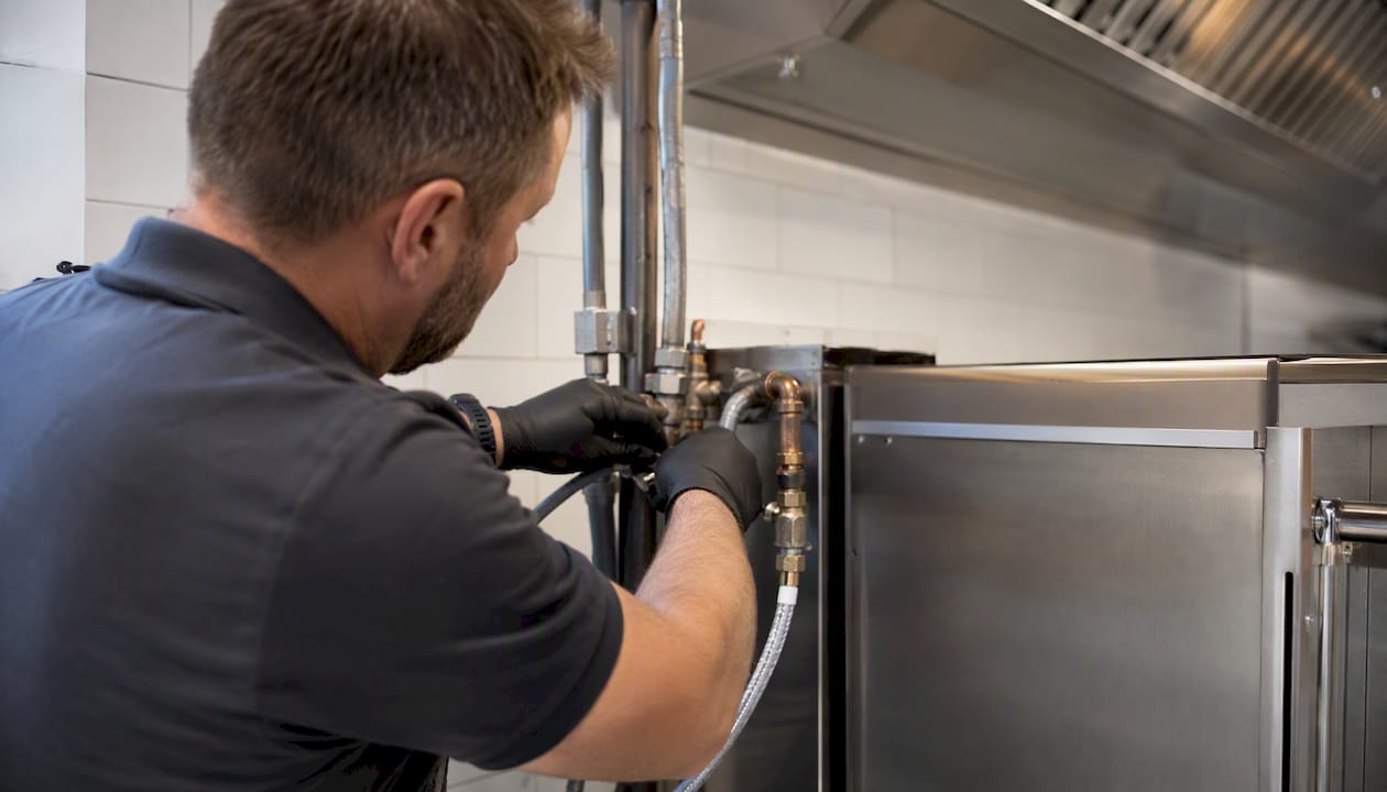 Hands fitting steam vent and water inlet on combi oven