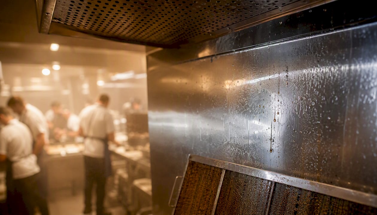 Moist steam and grease on kitchen ventilation filter