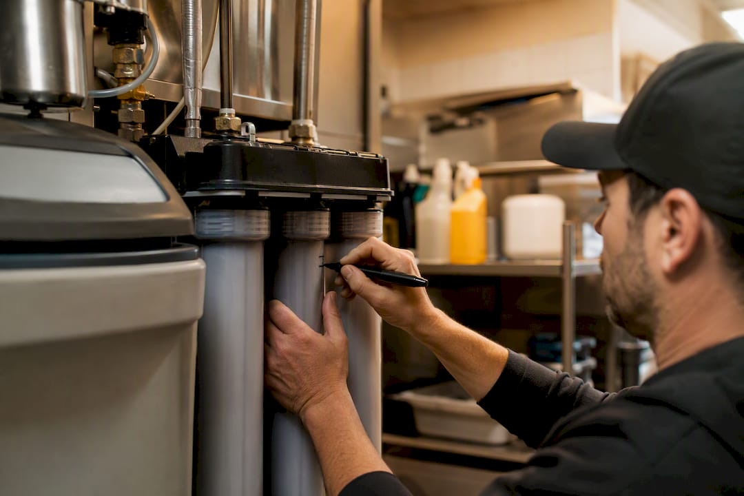 Hand marking water softener cartridge in kitchen