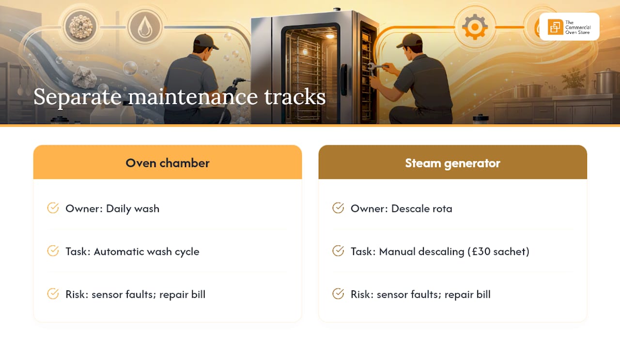 Diagram contrasting chamber cleaning and steam-generator descaling