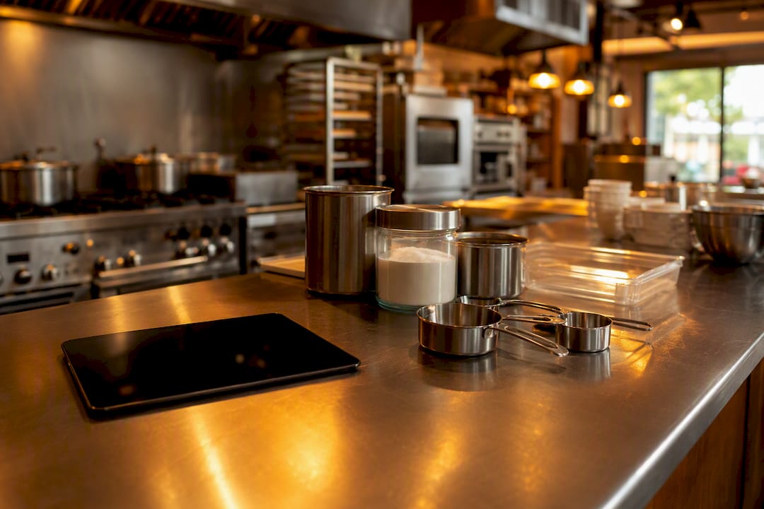 Commercial kitchen workspace with dark tablet and equipment