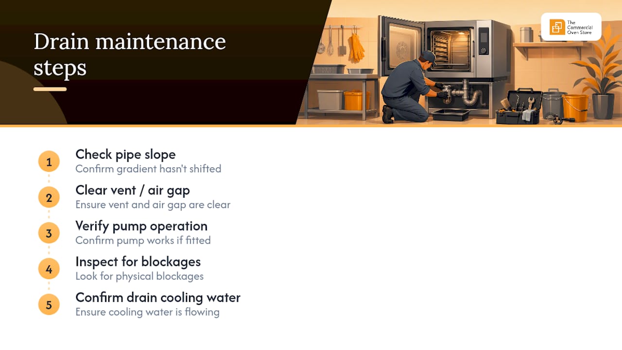 Step-by-step combi oven drain maintenance checklist