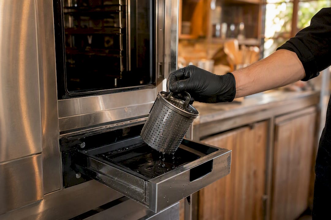 Removing and cleaning combi oven drain strainer