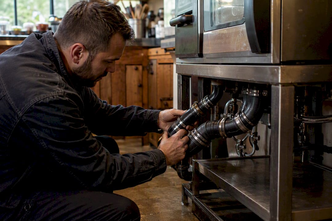 Checking flexible couplings on combi oven drain pipes