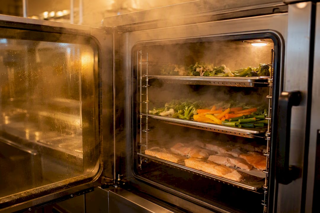 Vegetables and fish steaming in oven rack