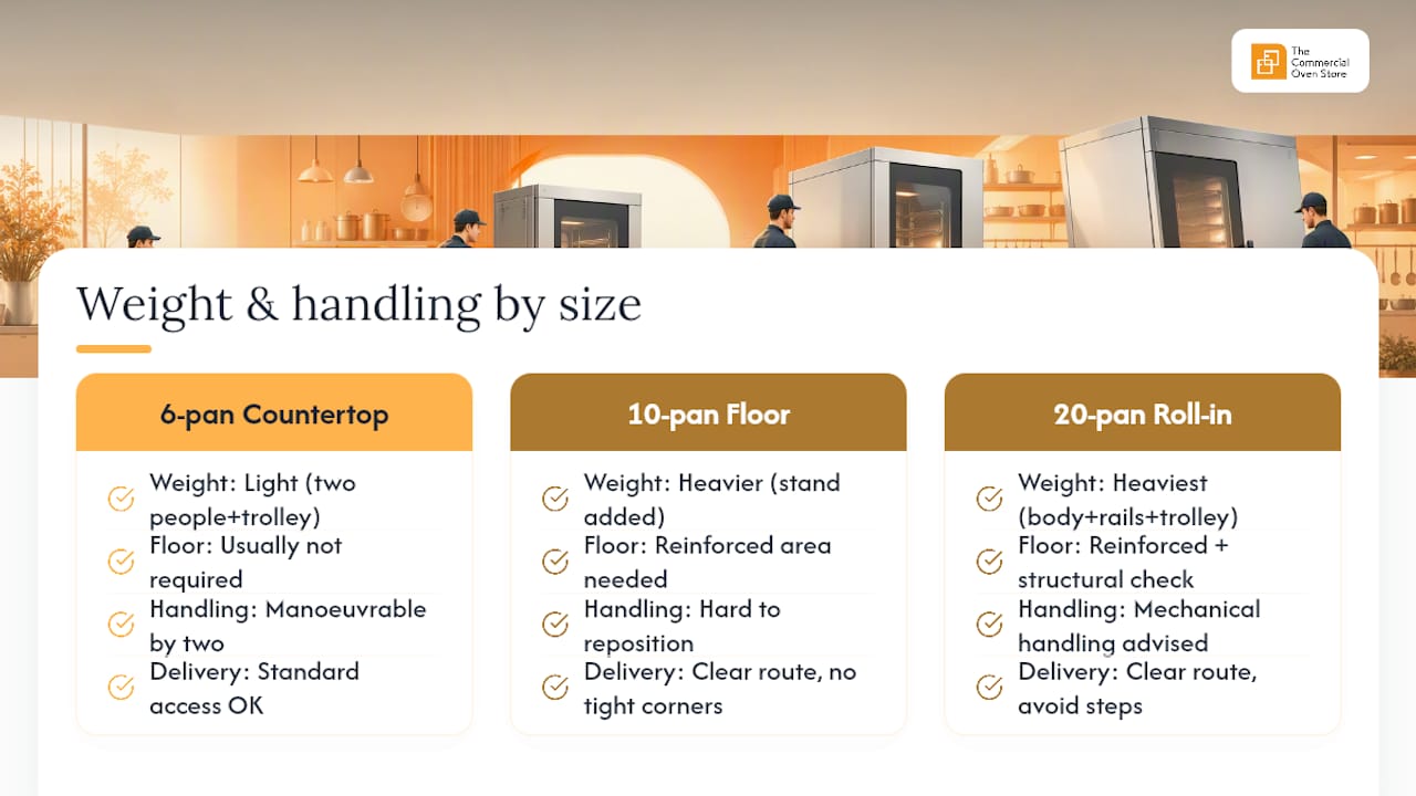 Diagram of combi oven weight by size and installation requirements