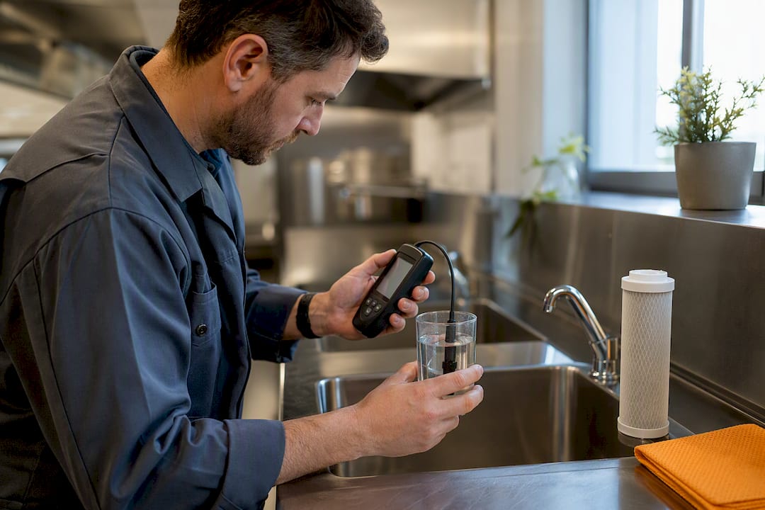 Technician testing water quality before installation