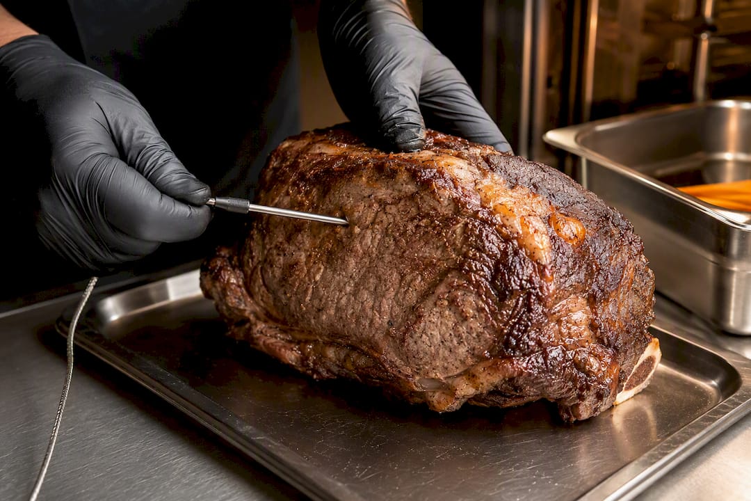 Chef inserting probe into roast