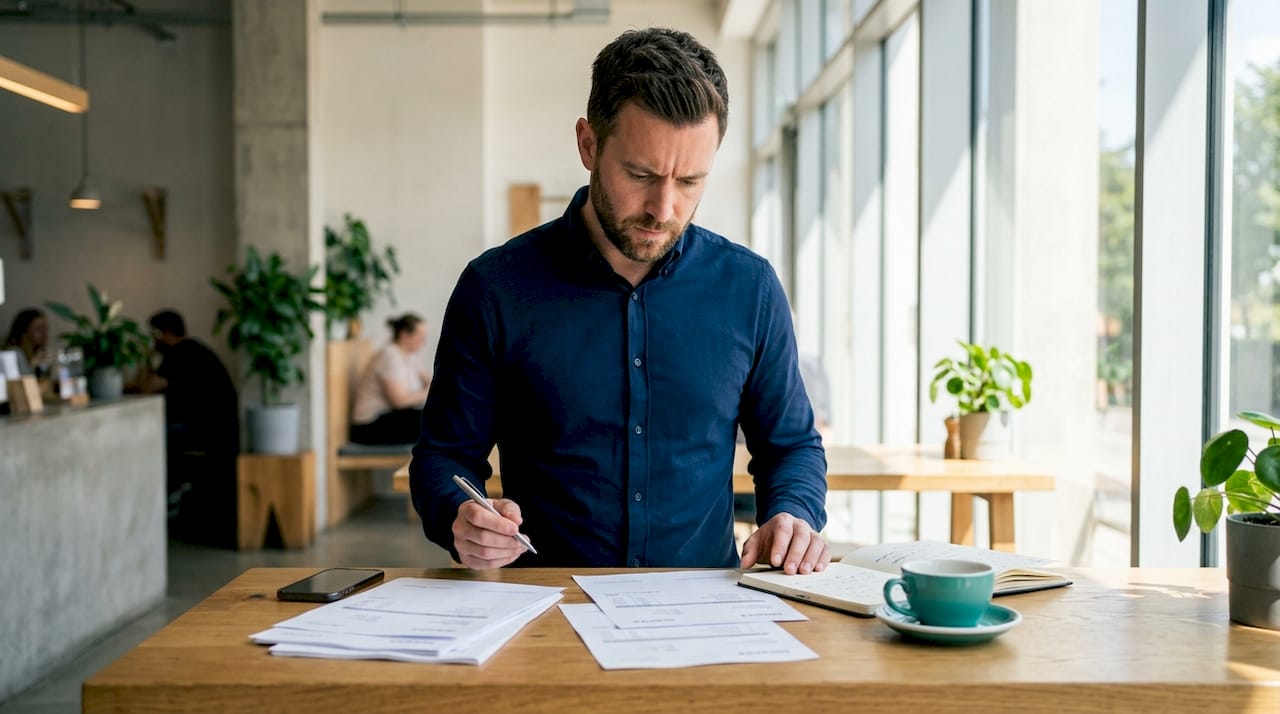 Small business owner reviewing invoices at home desk
