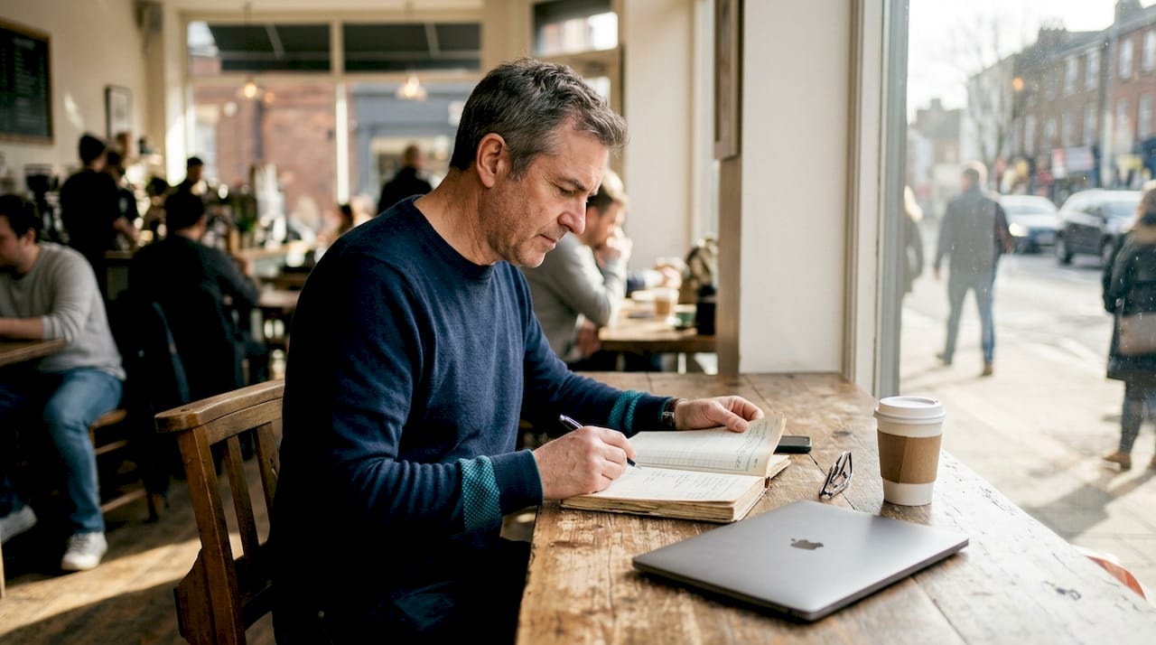 Man reviewing cash flow notes on whiteboard in workshop office