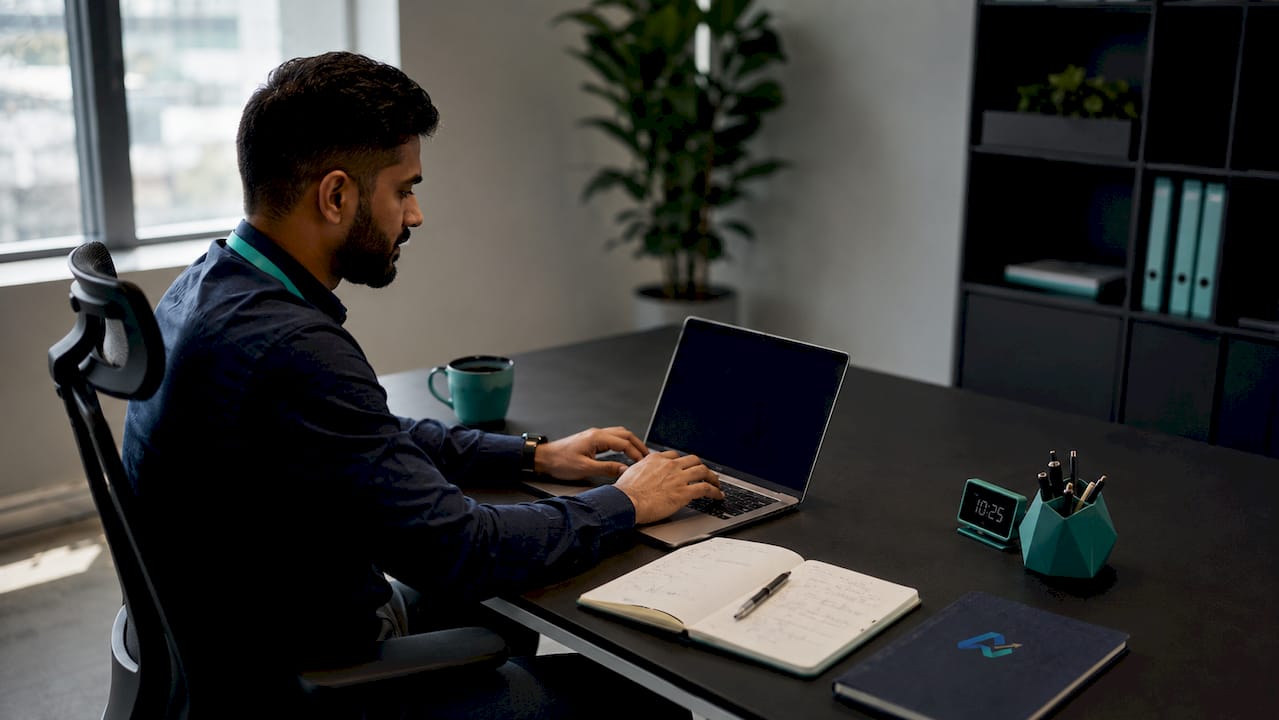 Man configuring automated SMS payment reminders at desk