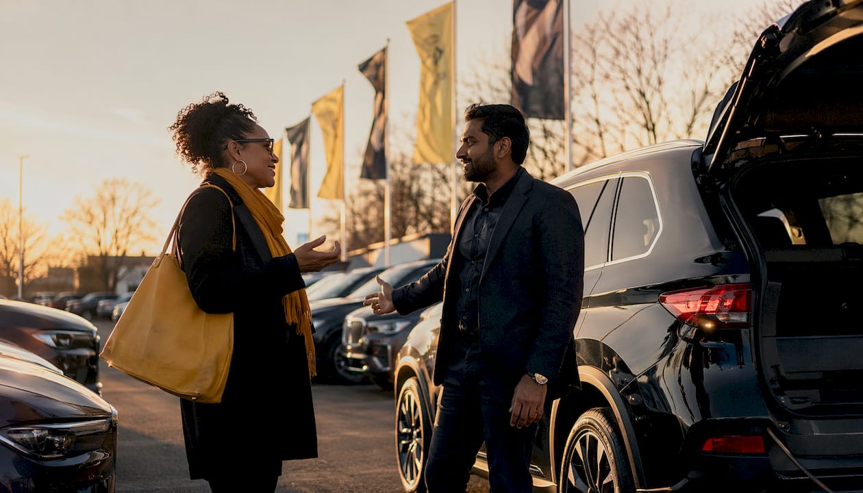 Customers discussing vehicles at dealership lot