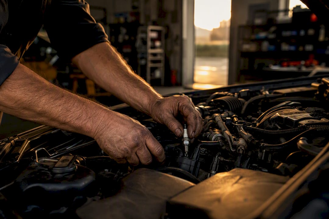 Hands inspecting car engine parts