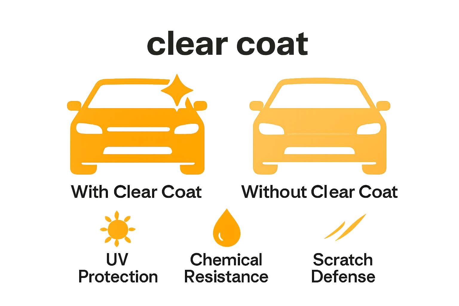 Infographic comparing cars with and without clear coat showing shine, UV, and scratch protection icons.