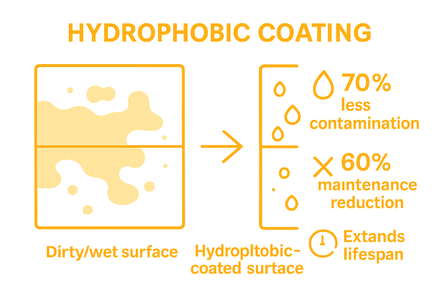 Infographic comparing normal and hydrophobic surfaces with contamination, cleaning effort, and lifespan visuals